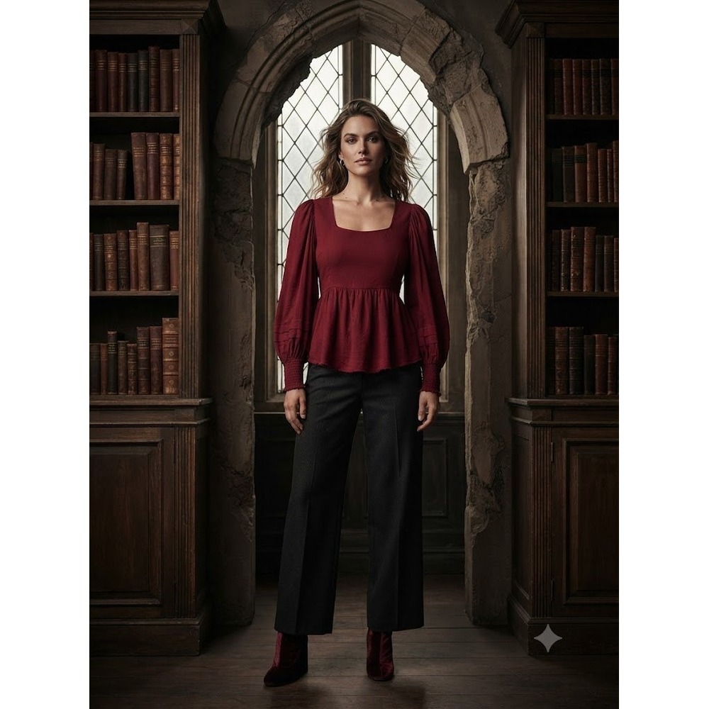 Mauritaus Dark Red Puff Sleeve Babydoll Blouse Smocked XS Peplum Top Boho